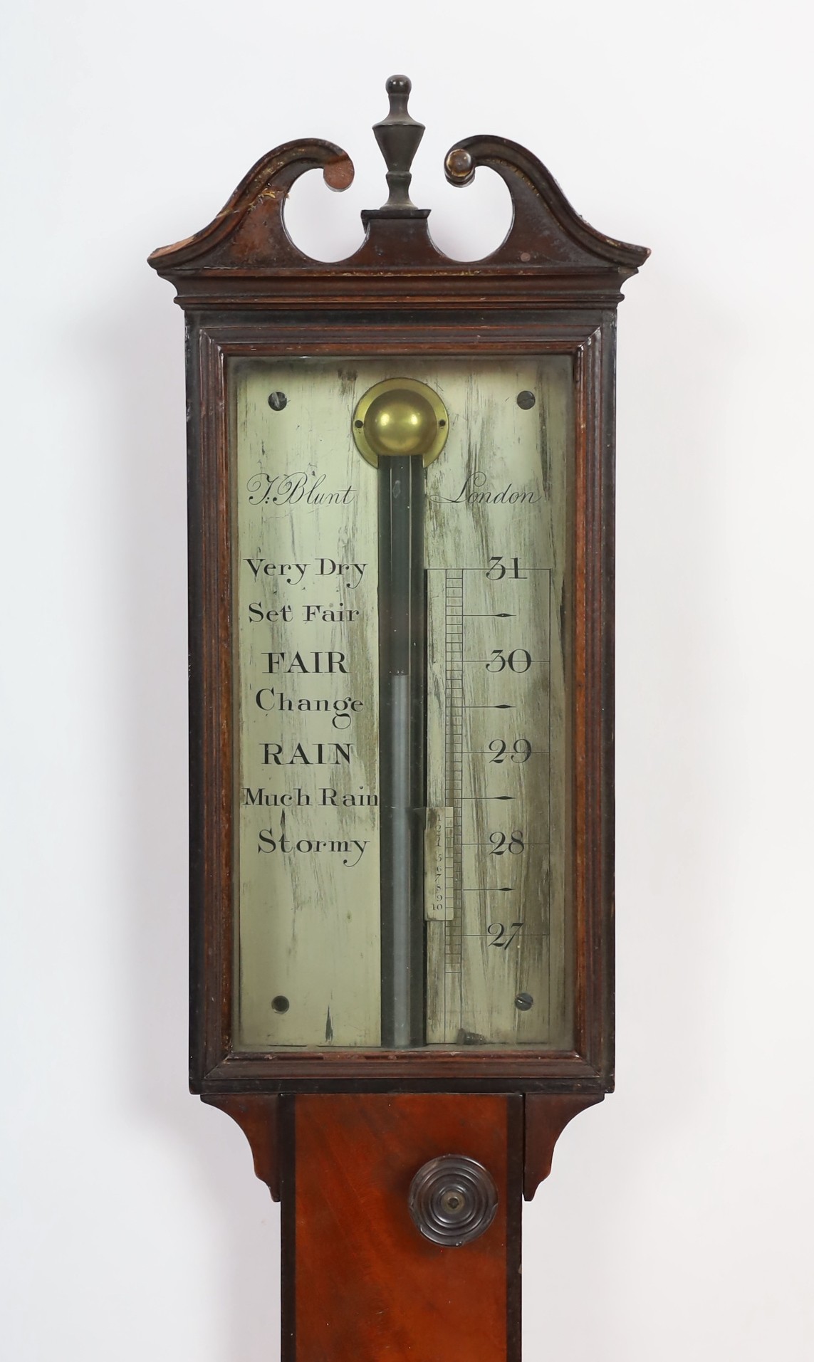 J. Blunt of London. A Regency mahogany stick barometer, 13cm wide, 98cm high